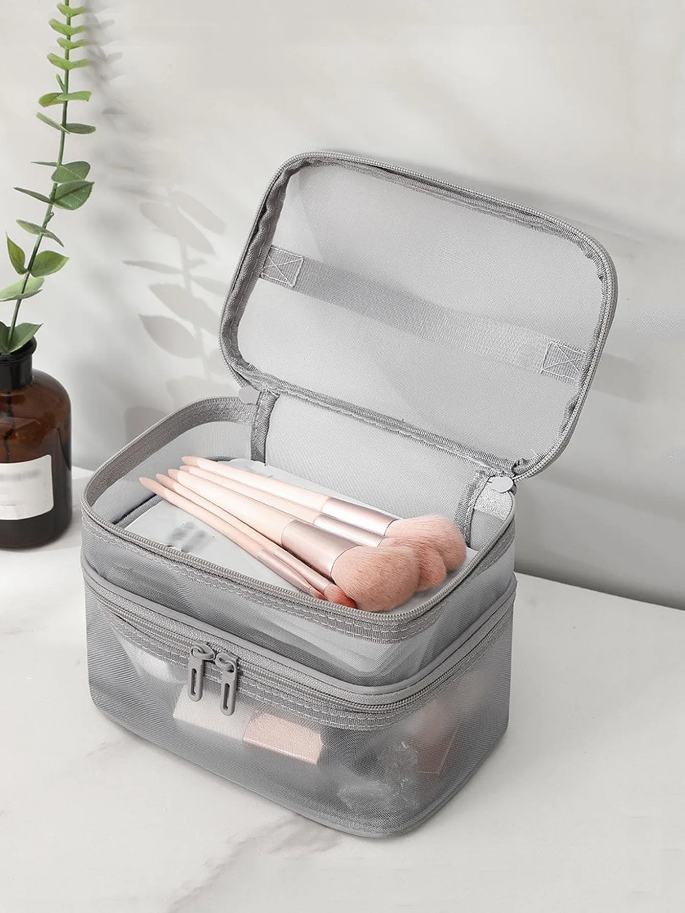 1pc Portable Makeup Storage Bag, Minimalist Plain Makeup Storage Bag For Home