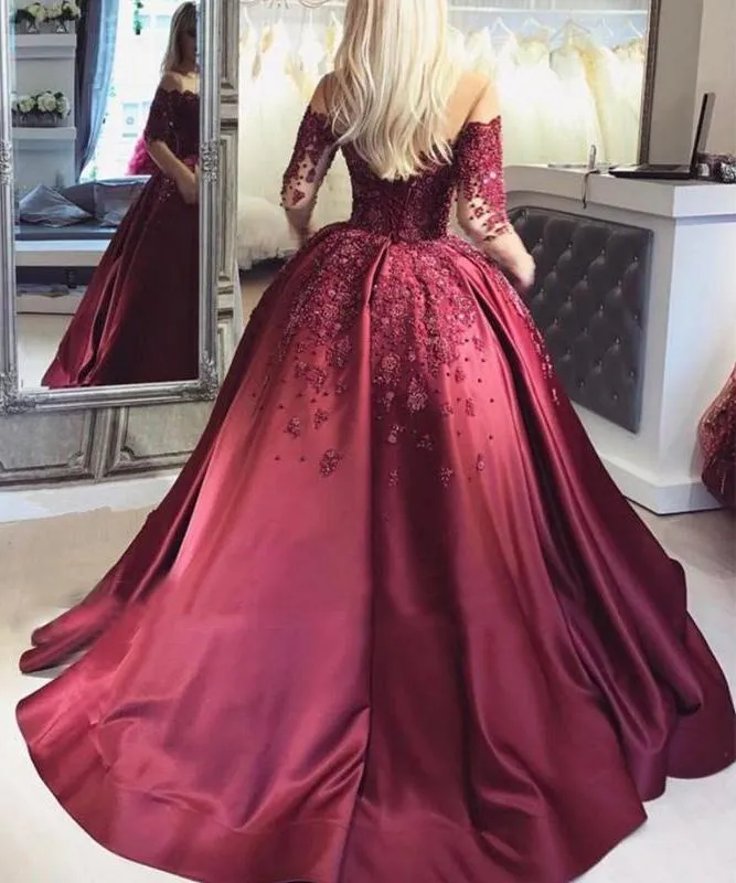 2024 Dark Red Lace Long Sleeve Prom Dress Off-the-Shoulder Ball Gown Quinceanera Dress