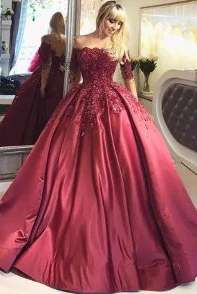 2024 Dark Red Lace Long Sleeve Prom Dress Off-the-Shoulder Ball Gown Quinceanera Dress