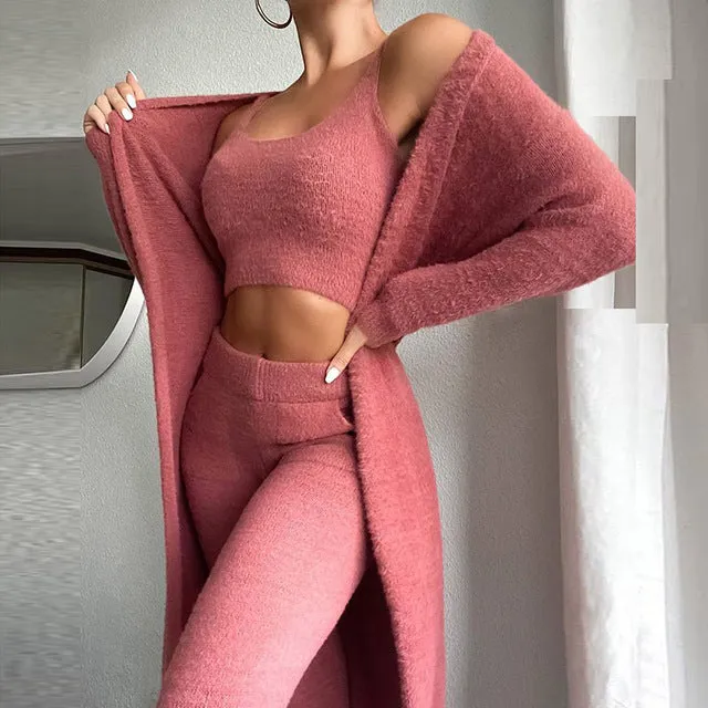 3 Piece Sets Autumn Winter Sexy Off Shoulder Crop Tops And Long Pants