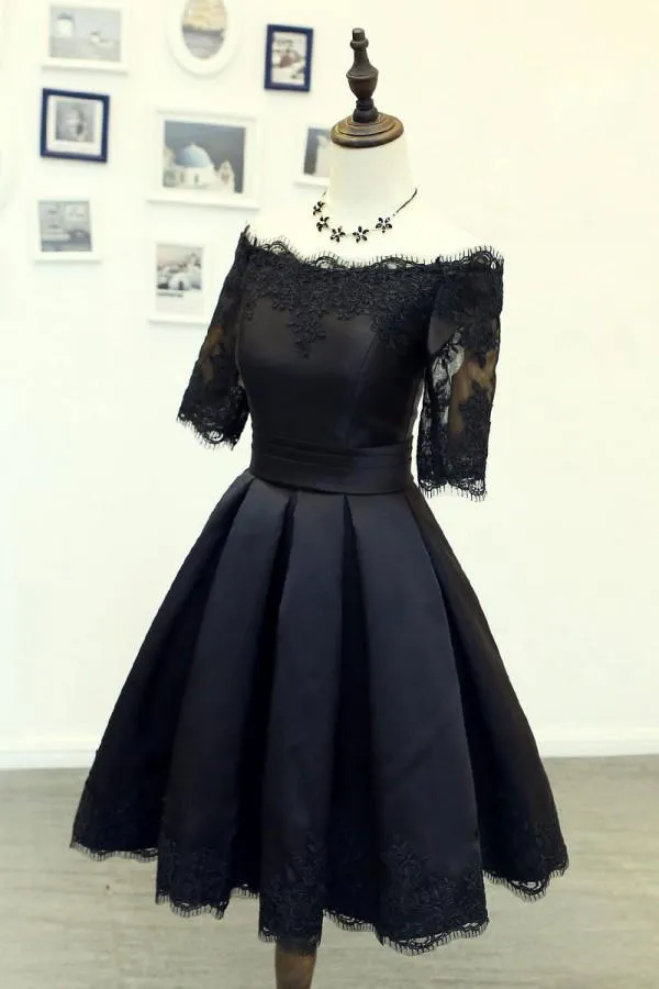 A Line Black Short Sleeves Off the Shoulder Lace Appliques Satin Homecoming Dresses