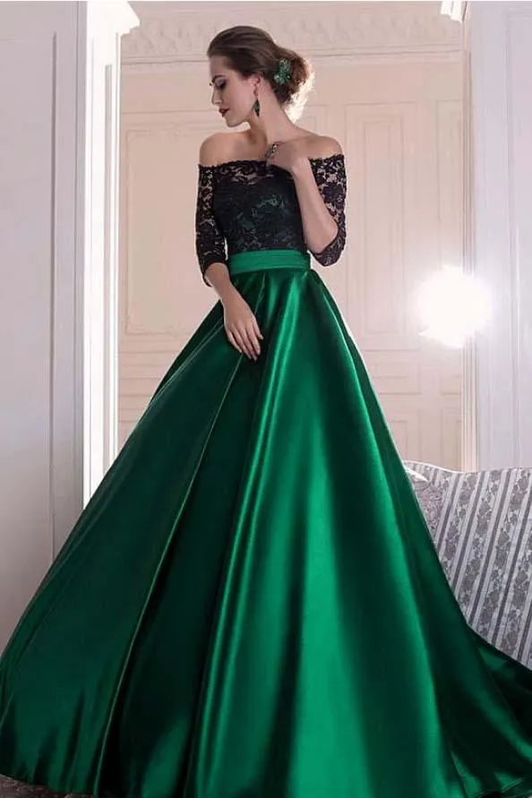 A Line Dark Green Satin Off the Shoulder 3/4 Sleeves Ruffles Lace Prom Dresses uk JS399