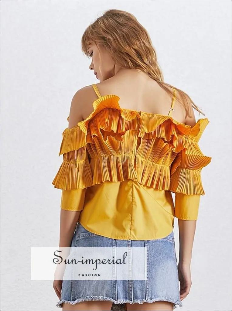 Adaline top in Mustered - Slash Neck off Shoulder Flare Sleeve Ruffles Blouse