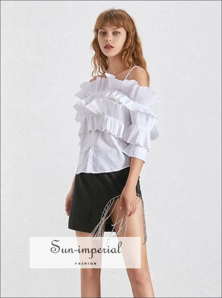 Adaline top in Mustered - Slash Neck off Shoulder Flare Sleeve Ruffles Blouse