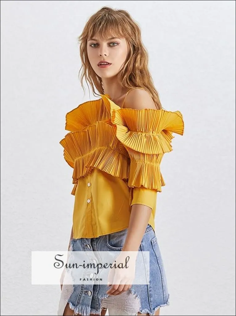 Adaline top in Mustered - Slash Neck off Shoulder Flare Sleeve Ruffles Blouse