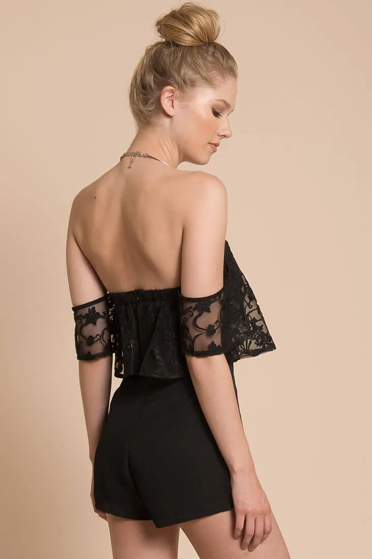 Adeline Lace Open Back Club Party Romper Black