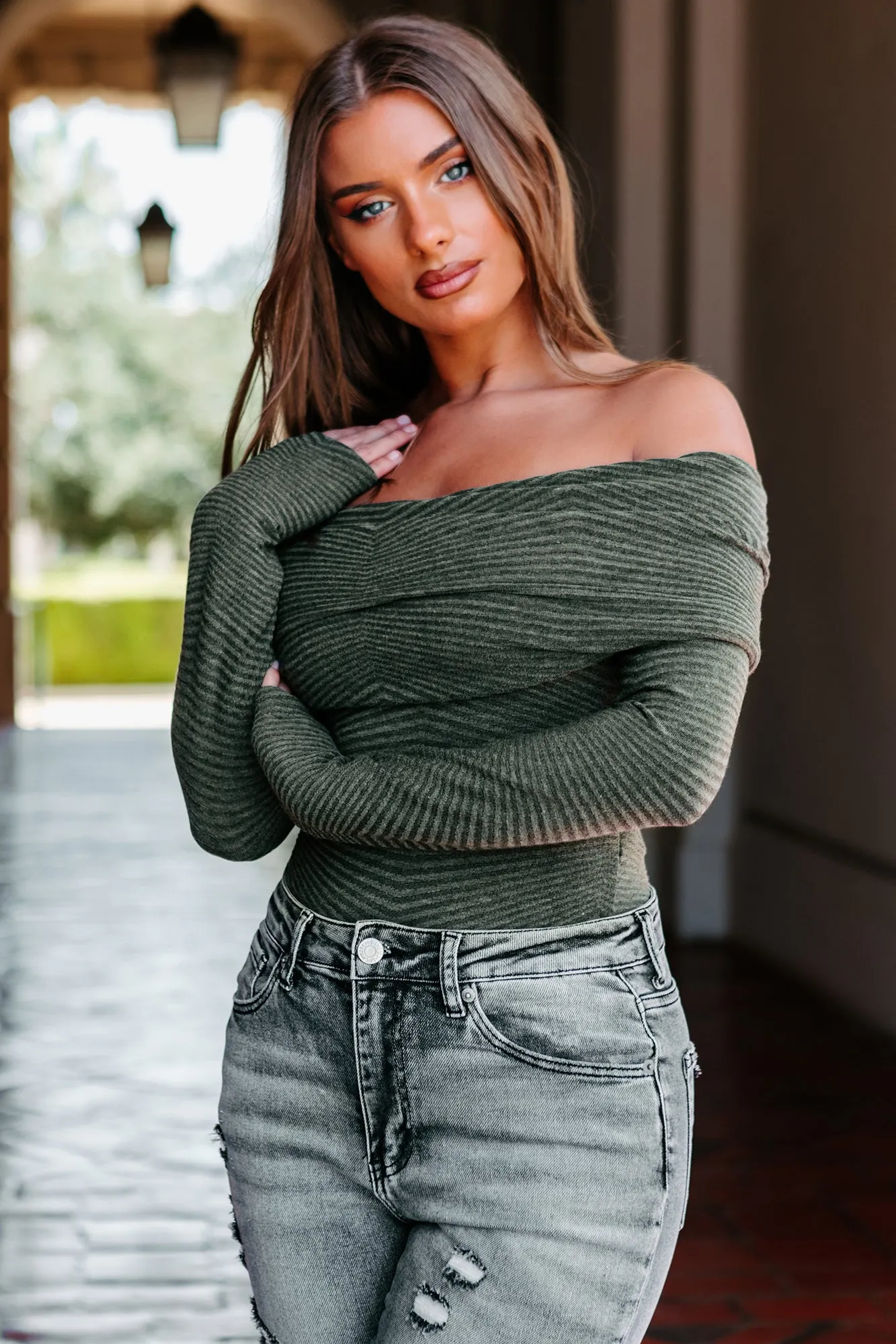 Always Presentable Long Sleeve Off The Shoulder Bodysuit (Olive)