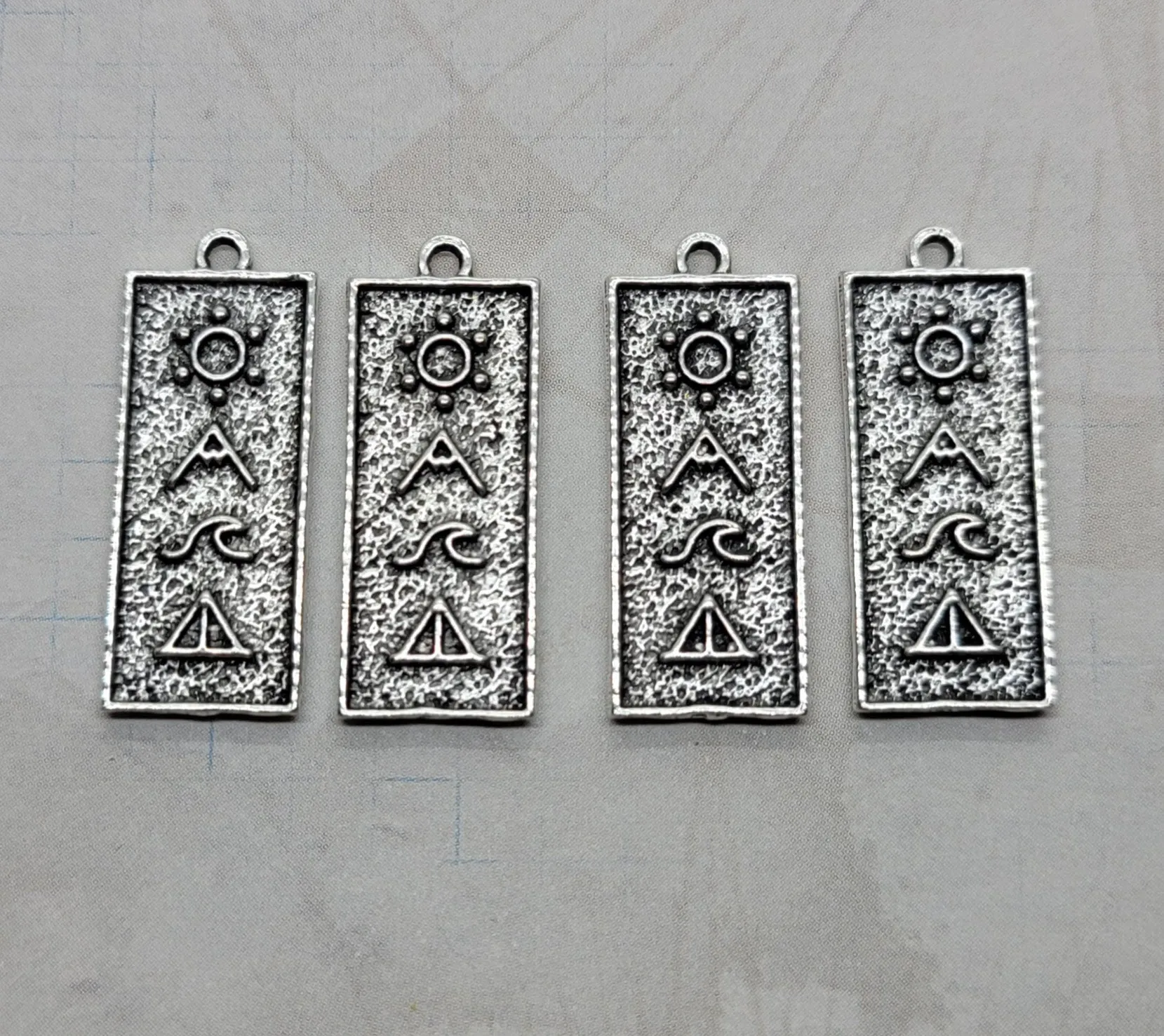 Antique Silver Rectangle Sun Mountain Wave Charms (4) - L1354