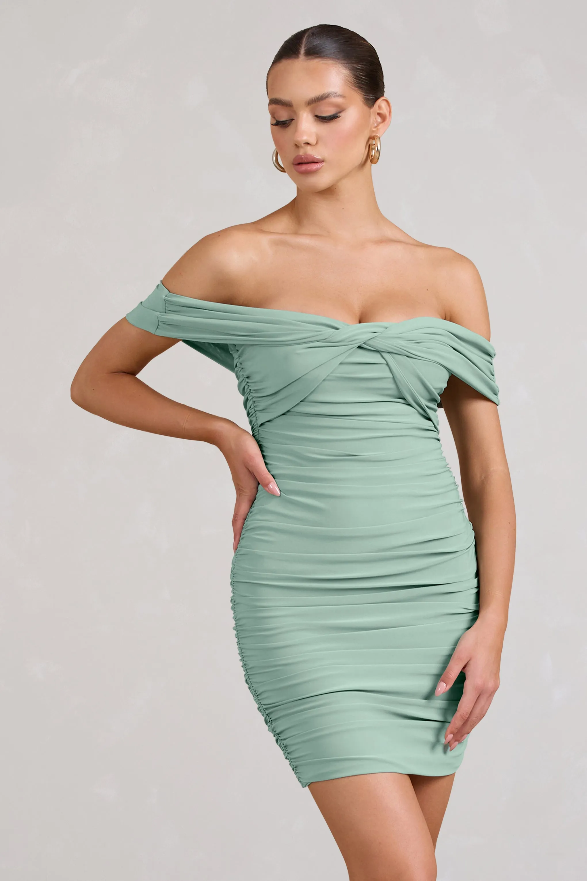 Appreciate | Sage Off The Shoulder Ruched Mini Dress