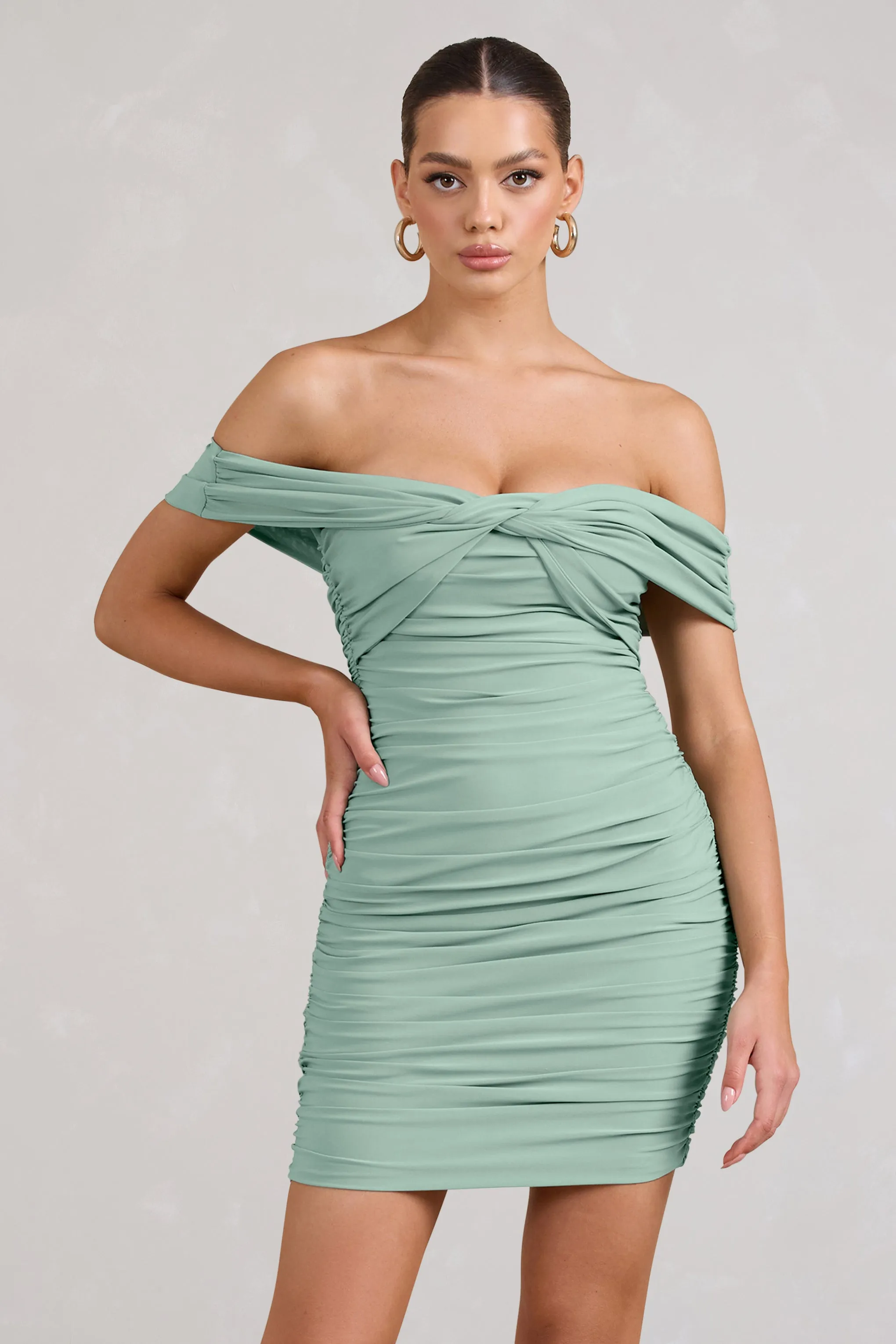 Appreciate | Sage Off The Shoulder Ruched Mini Dress