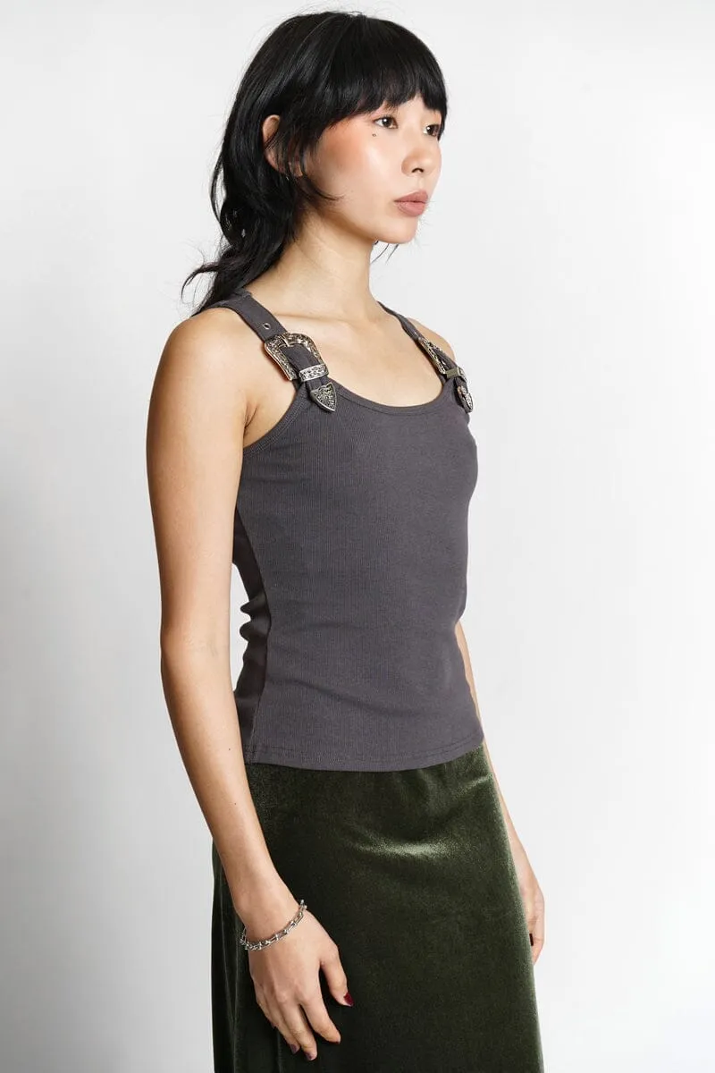 Opt for this optimized product title: **Stylish Arques Western Buckle Tank in Charcoal Ochre - Trendy Western-Inspired Sleeveless Top for Effortless Fashion**.