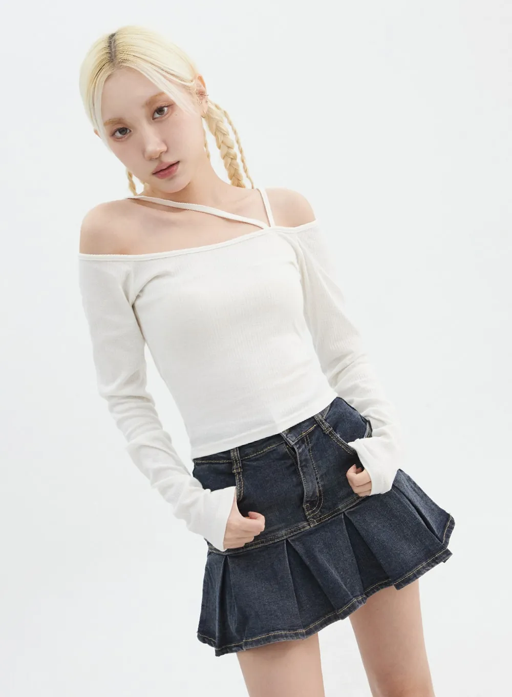 Asymmetrical Neck Off Shoulder Crop Tee IN327