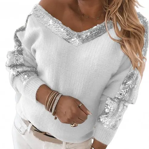 Autumn Winter Sequins One Shoulder Girls Sweater