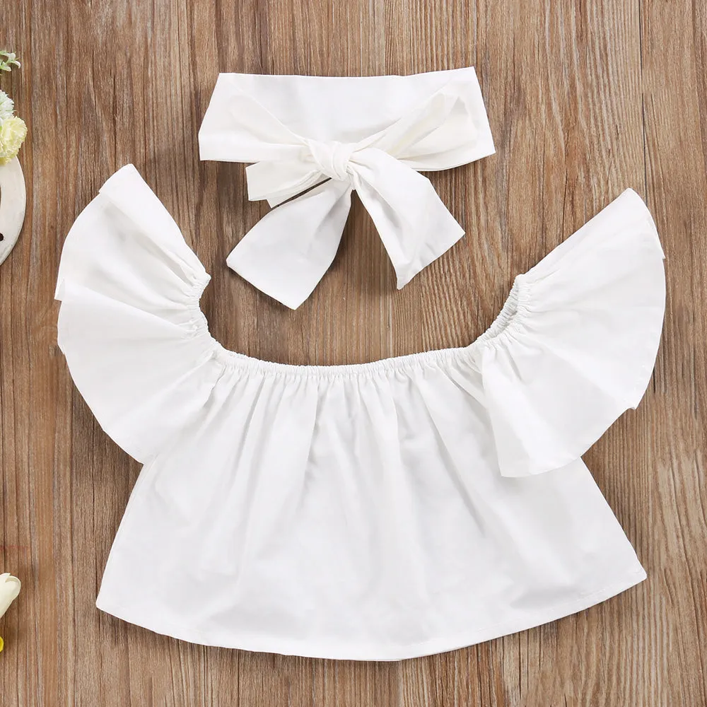 Baby Girl White Off the Shoulder Flutter Sleeve Set with Distressed Denim