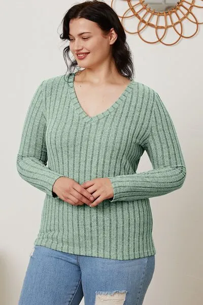 Basic Bae Ribbed V-Neck Long Sleeve T-Shirt