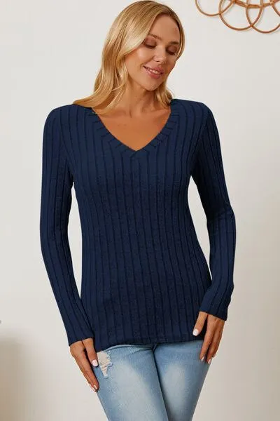 Basic Bae Ribbed V-Neck Long Sleeve T-Shirt