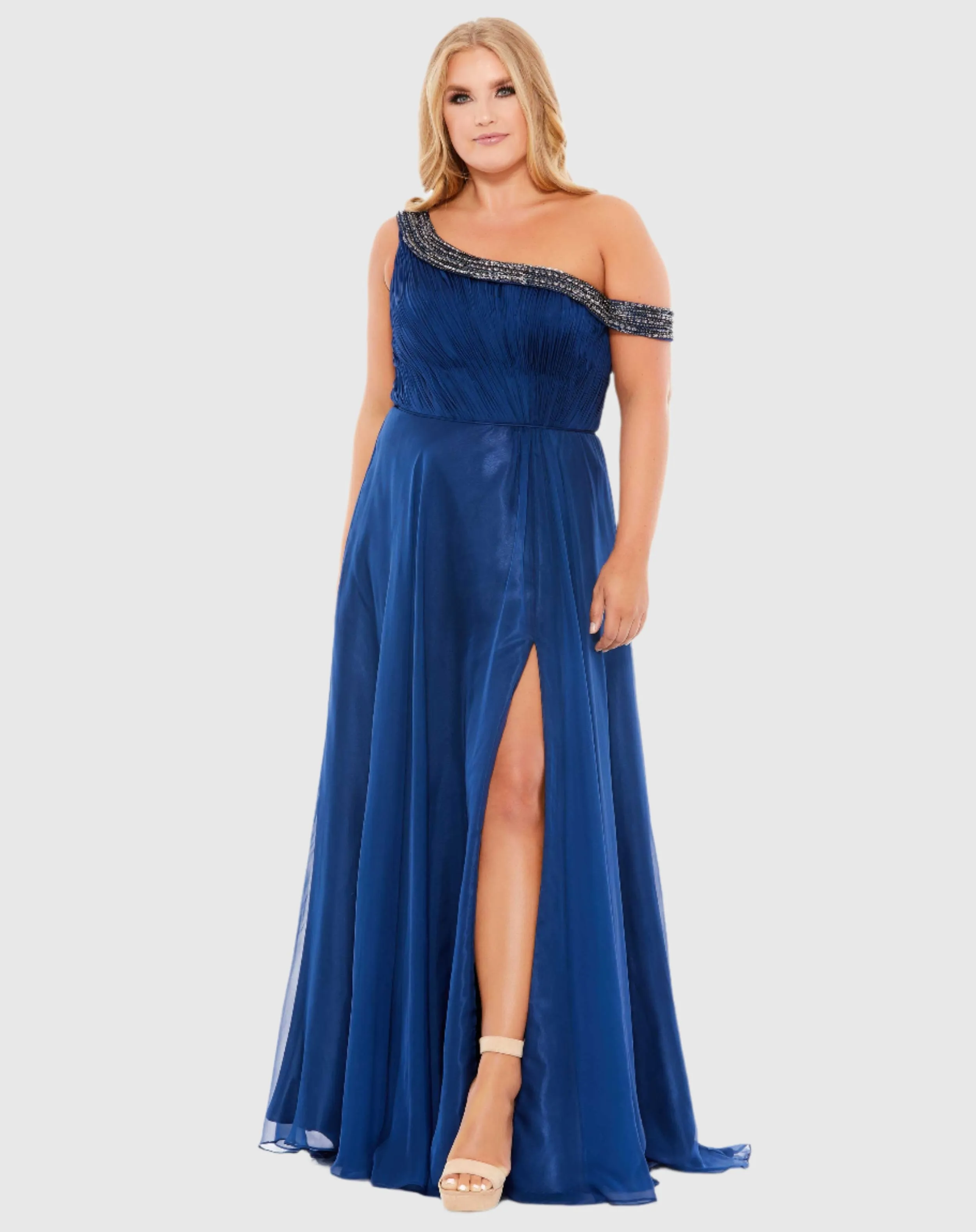 Beaded Drop Shoulder Pleated Flowy Gown (Plus) - FINAL SALE