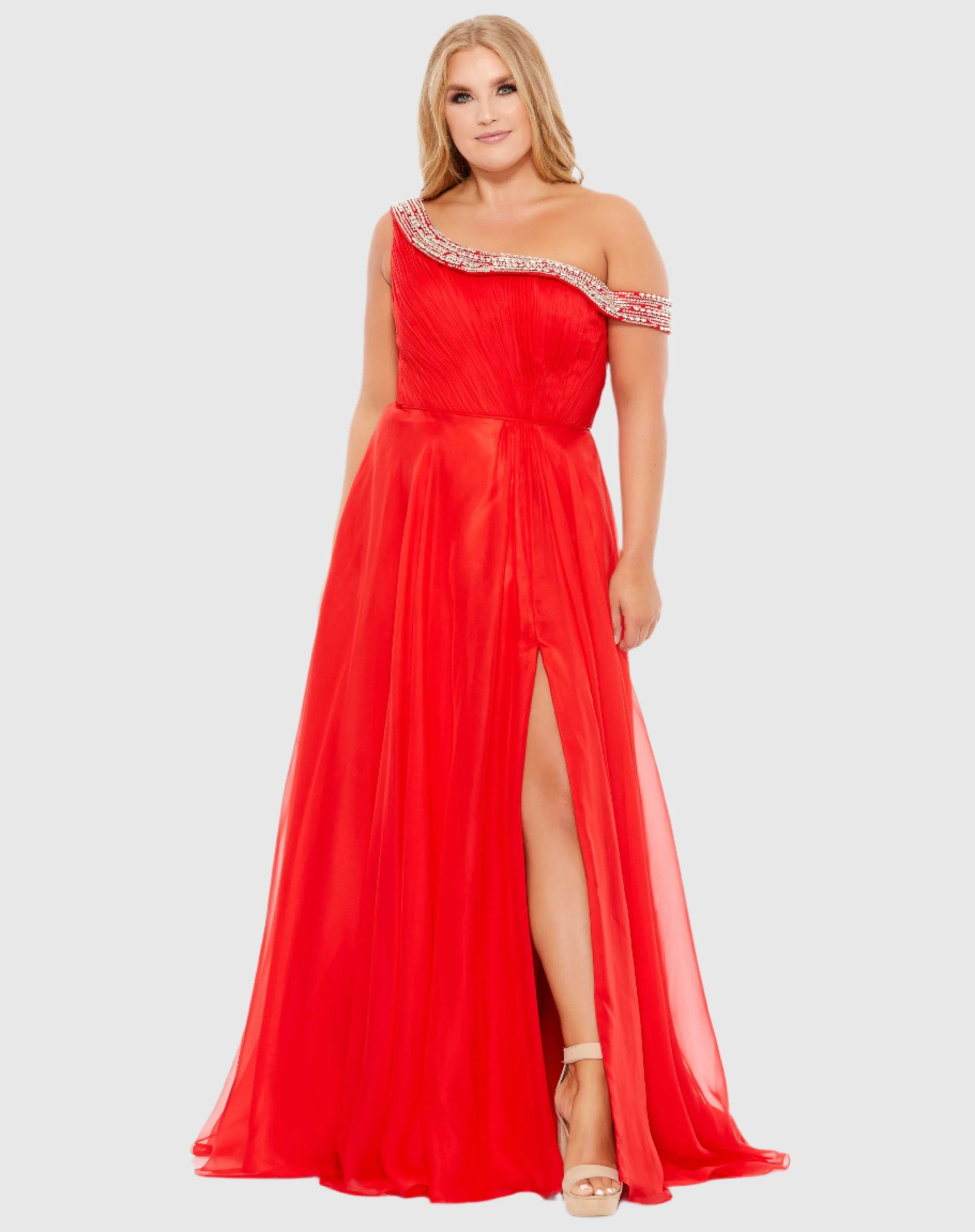 Beaded Drop Shoulder Pleated Flowy Gown (Plus) - FINAL SALE