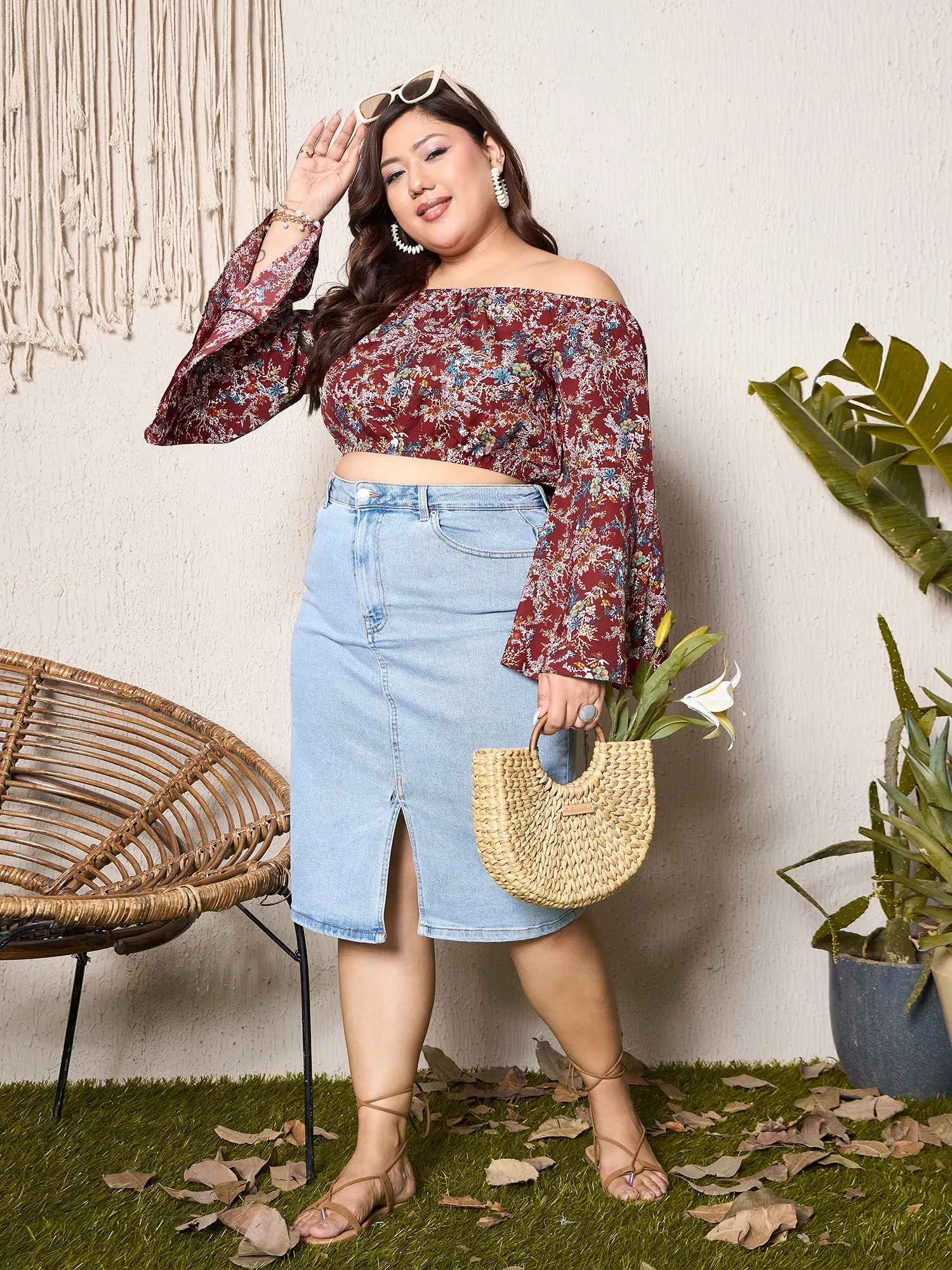 Berrylush Curve Maroon Floral Print Off Shoulder Crop Top