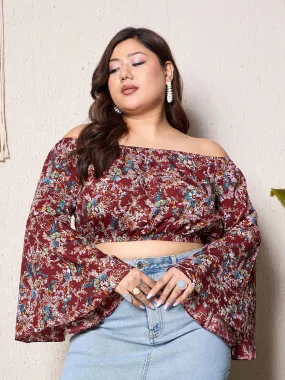 Berrylush Curve Maroon Floral Print Off Shoulder Crop Top