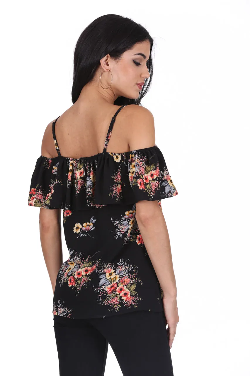 Black Floral Printed Off The Shoulder Frill Top