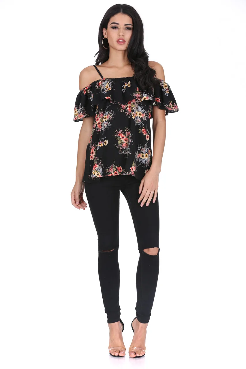 Black Floral Printed Off The Shoulder Frill Top