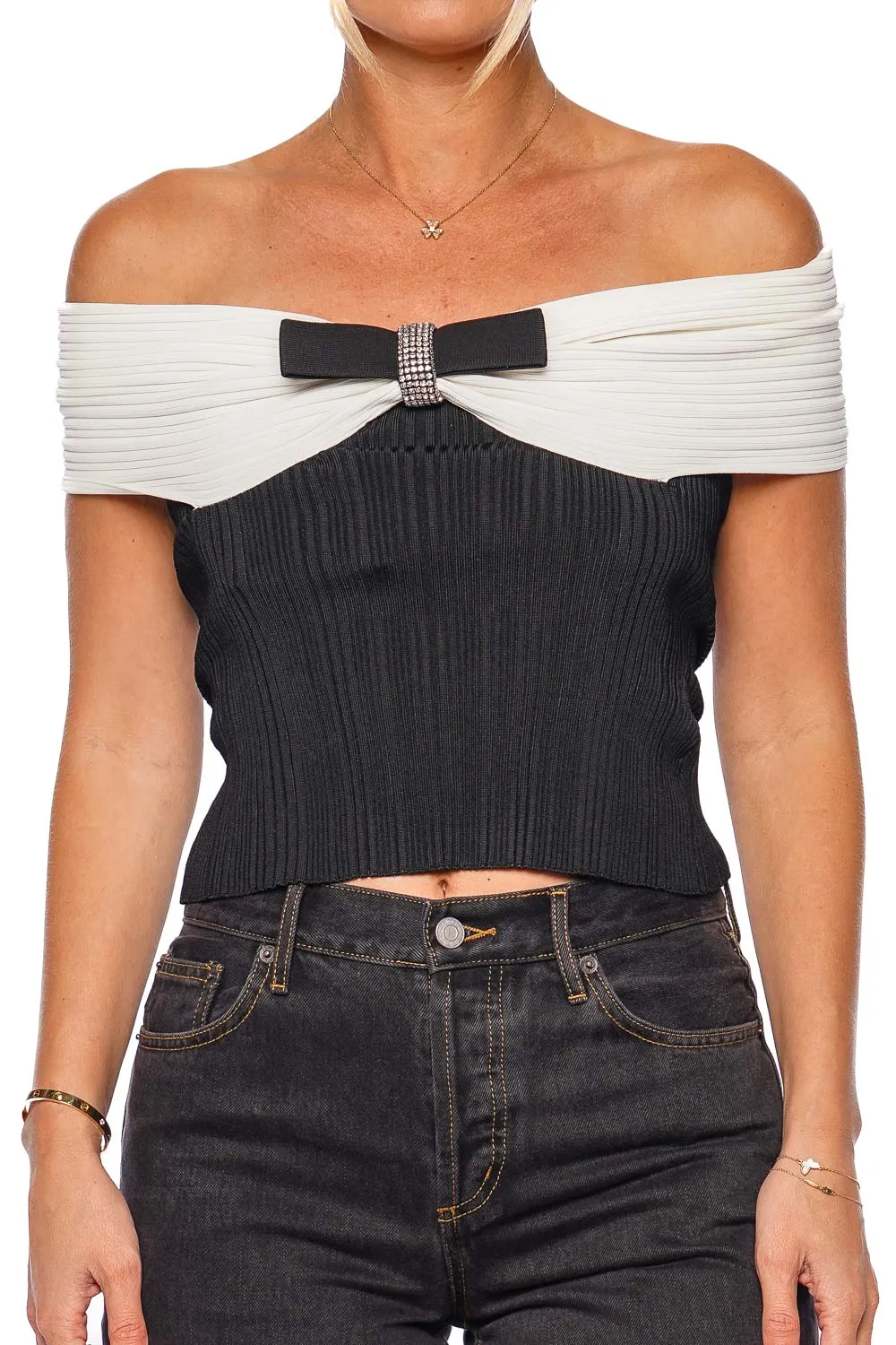 Black Knit Bow Off Shoulder Top