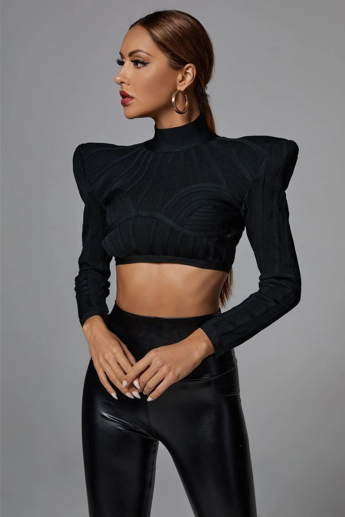 Black Long Sleeve Padded Shoulder Crop Top