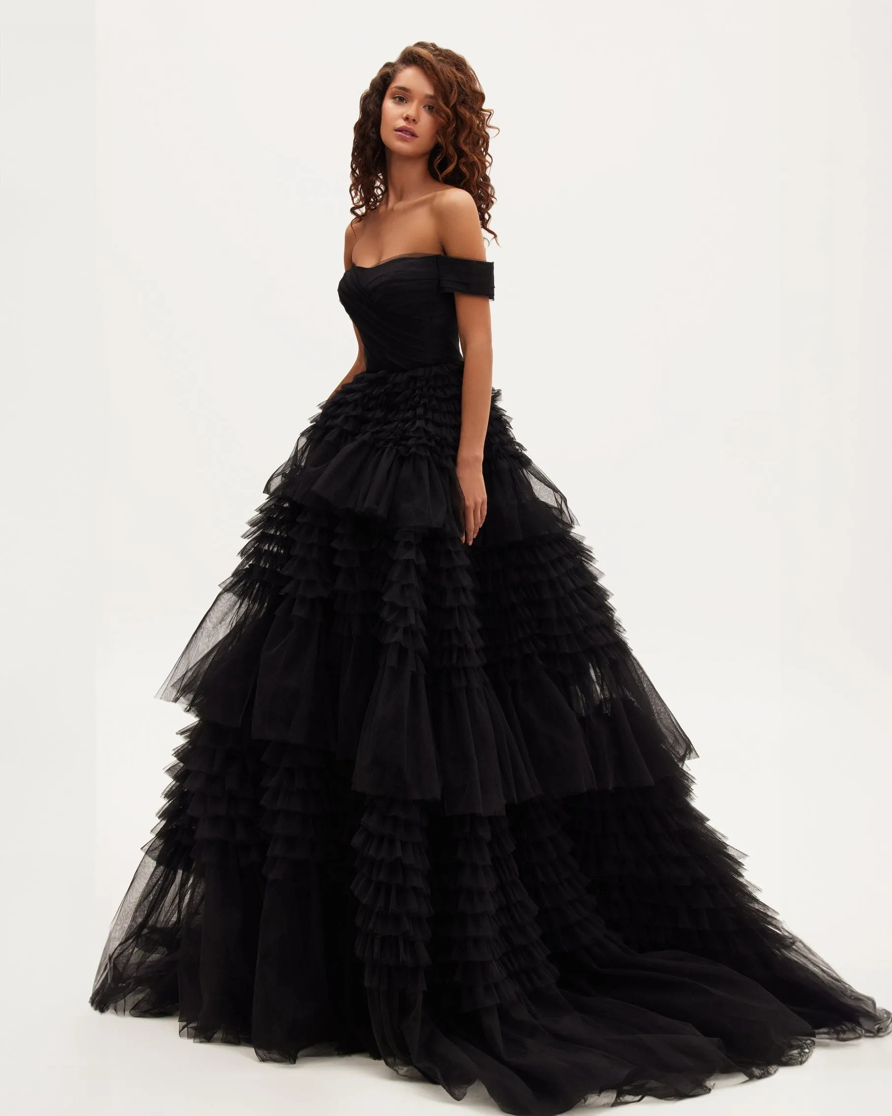 Black Off-The-Shoulder Frill-Layered Gown