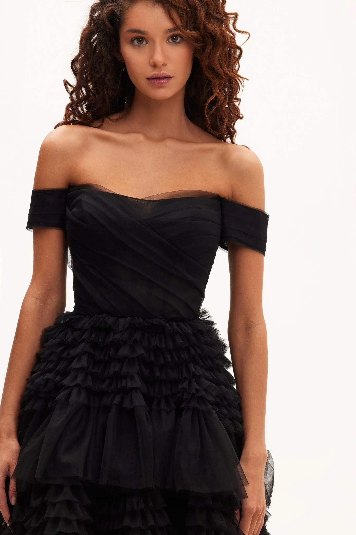 Black Off-The-Shoulder Frill-Layered Gown