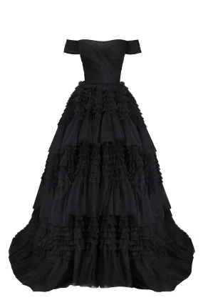 Black Off-The-Shoulder Frill-Layered Gown