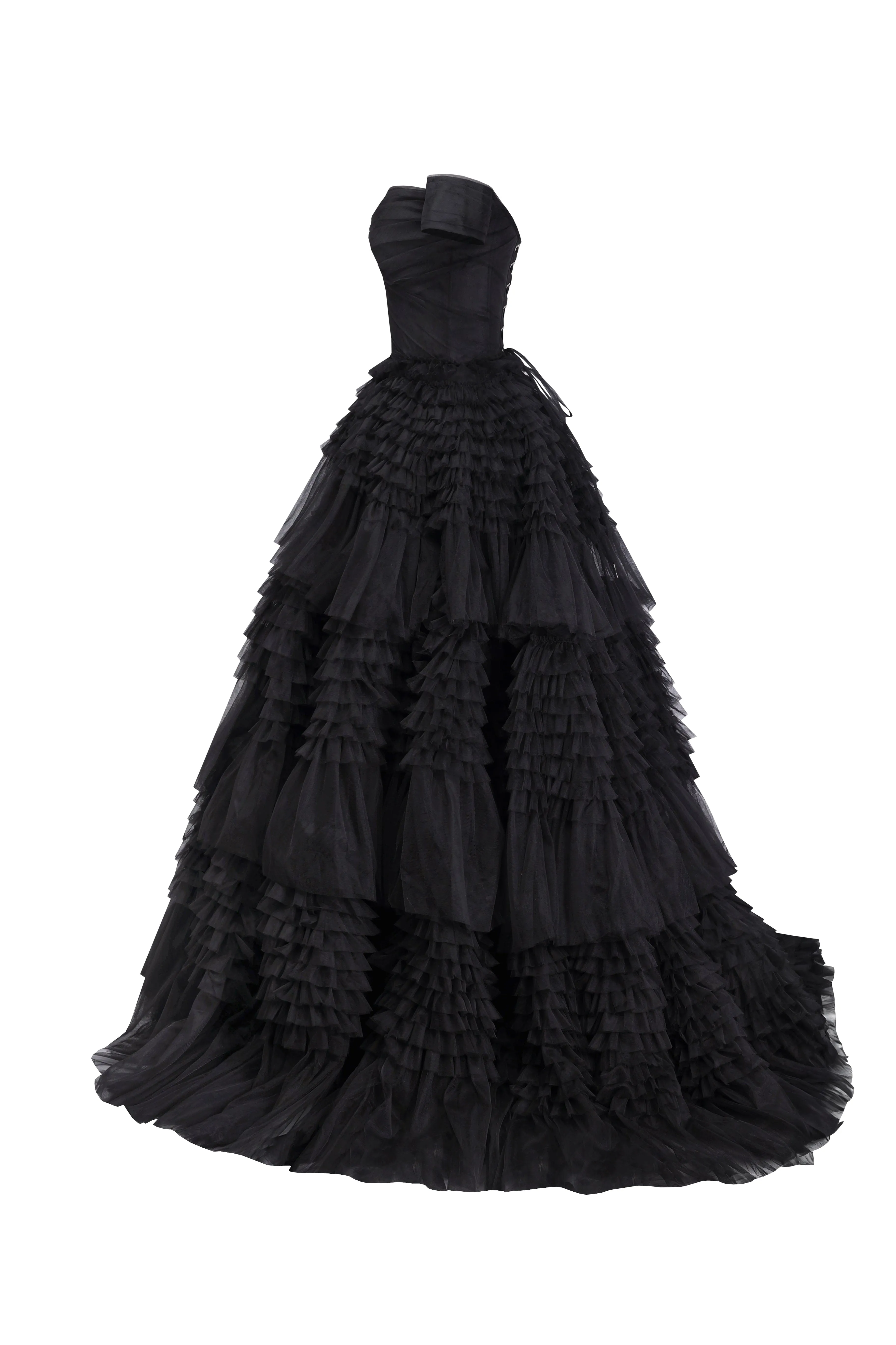 Black Off-The-Shoulder Frill-Layered Gown