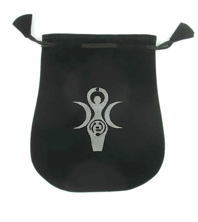 Black Velveteen Triple Moon Goddess Bag Pouch With Drawstring