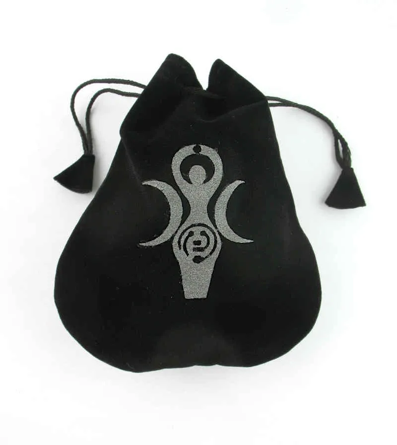 Black Velveteen Triple Moon Goddess Bag Pouch With Drawstring