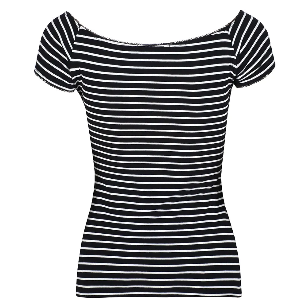 Black White Stripe Tie Front Short Sleeve Retro Top