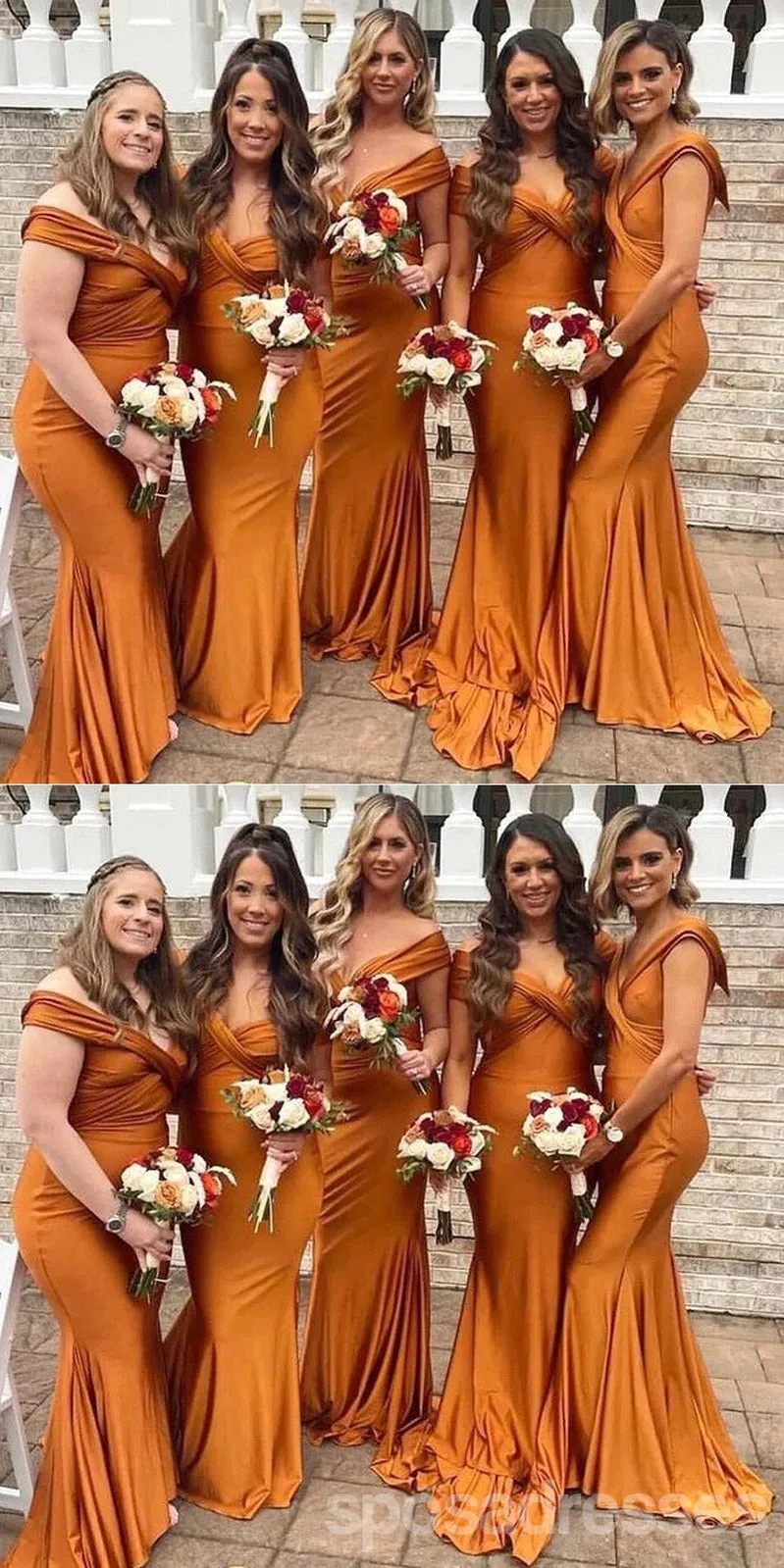 Burnt Orange Mermaid Off Shoulder Inexpensive Long Bridesmaid Dresses,WG1453