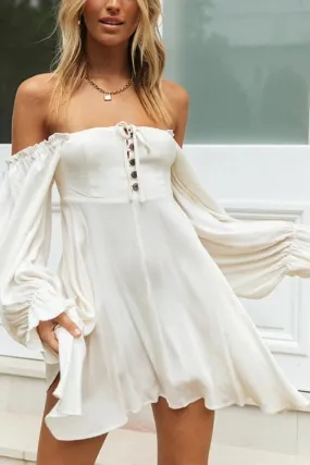 Chic Off-Shoulder Long Sleeve Mini Dress with Button Detail