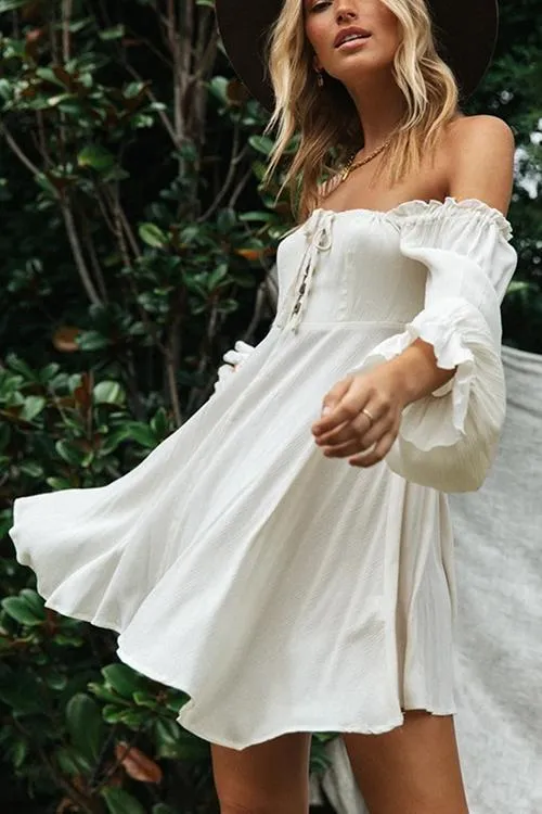 Chic Off-Shoulder Long Sleeve Mini Dress with Button Detail