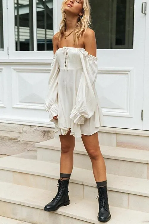 Chic Off-Shoulder Long Sleeve Mini Dress with Button Detail