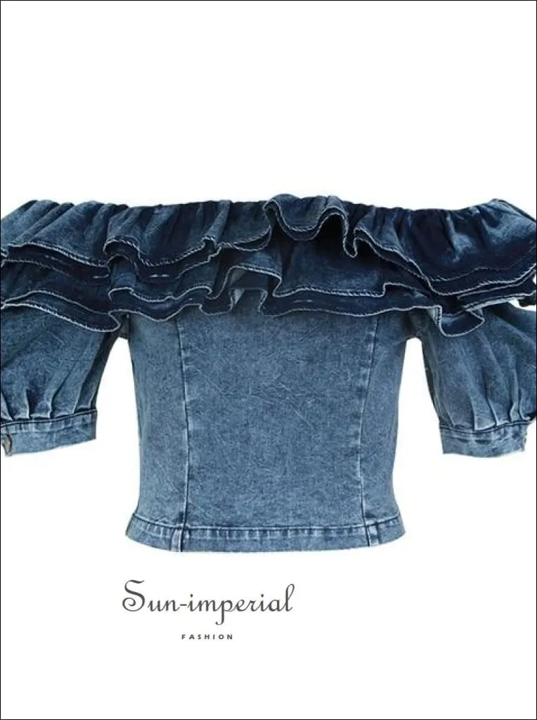 Charley top - Denim Shirts top Female Square Collar Ruffle Patchwork Short Sleeve Short Shirt