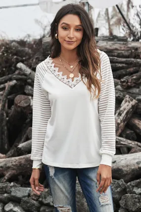 Chic White Deep V-neck Lace Stripe Long Sleeve Top