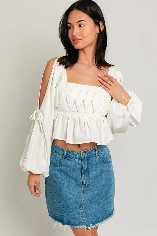 Cold Shoulder Long Sleeve Square Neck Detail Top