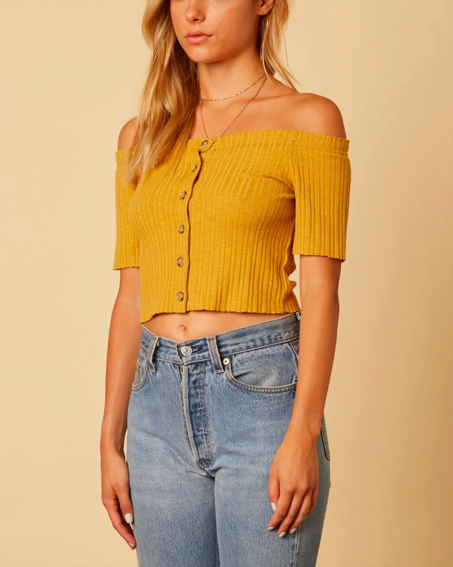 Cotton Candy LA - Button Up Knit Off The Shoulder Crop Top in Mustard