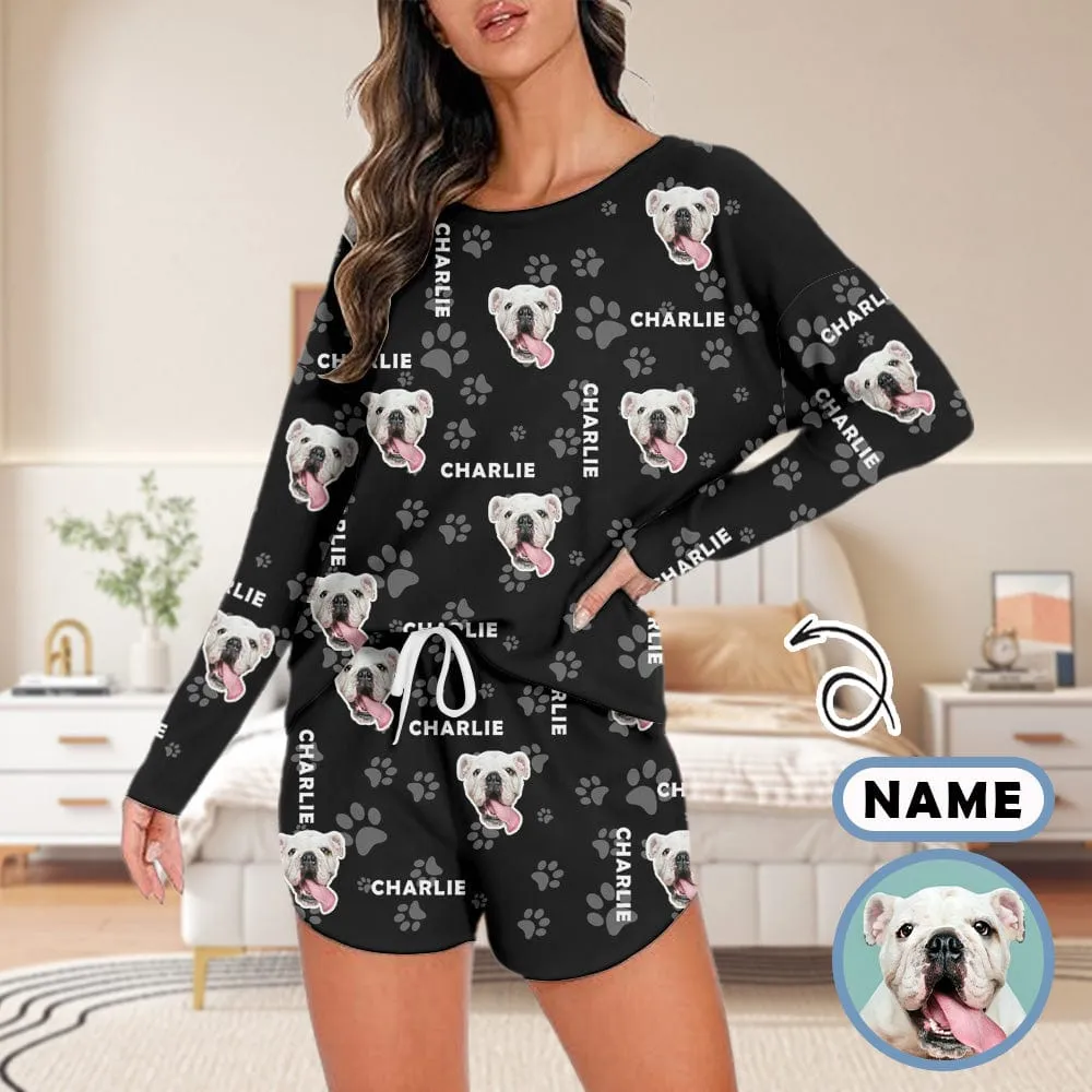 Custom Pet and Name Women's Long Sleeve One Side Off Shoulder Short Pajama Set