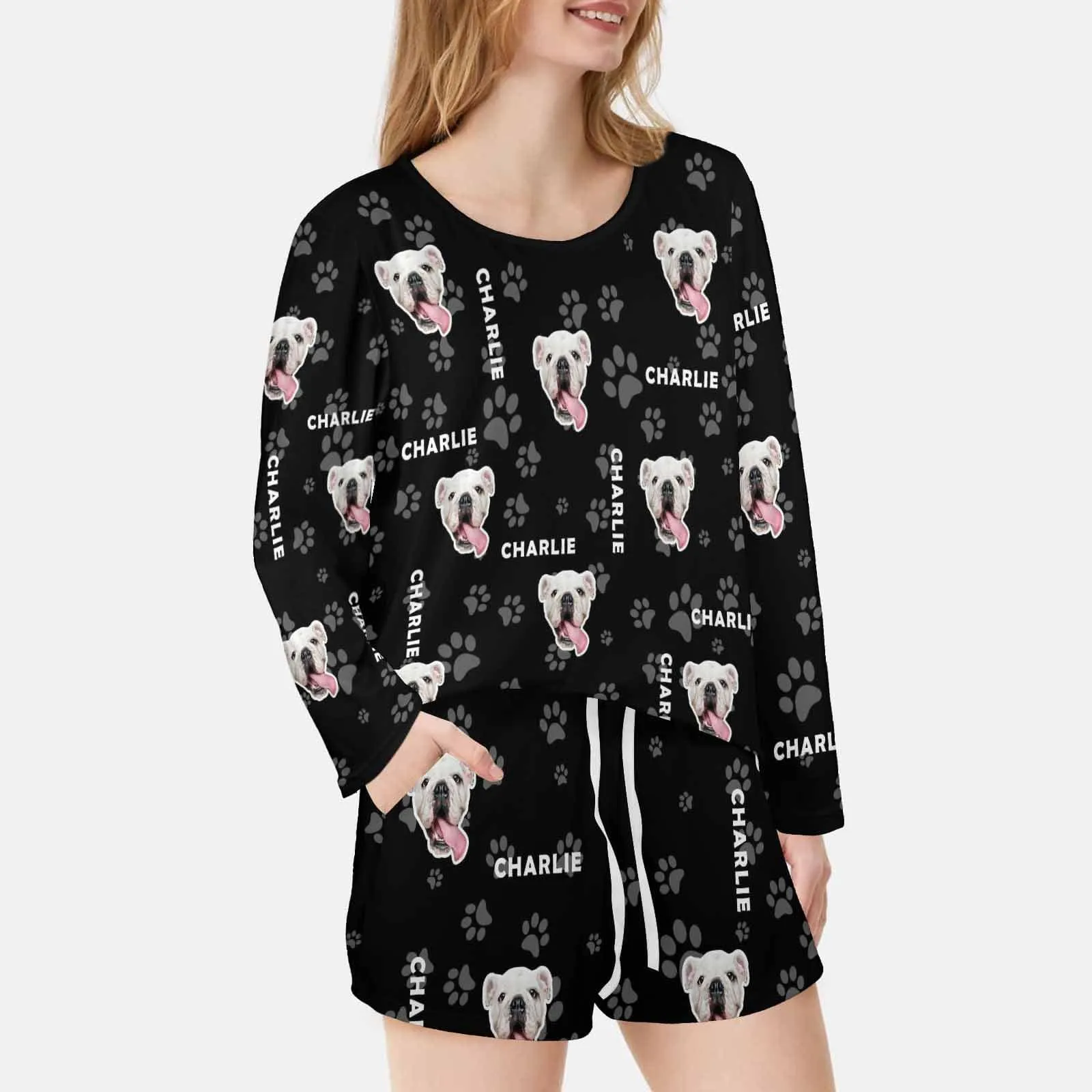 Custom Pet and Name Women's Long Sleeve One Side Off Shoulder Short Pajama Set