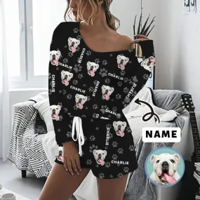 Custom Pet and Name Women's Long Sleeve One Side Off Shoulder Short Pajama Set