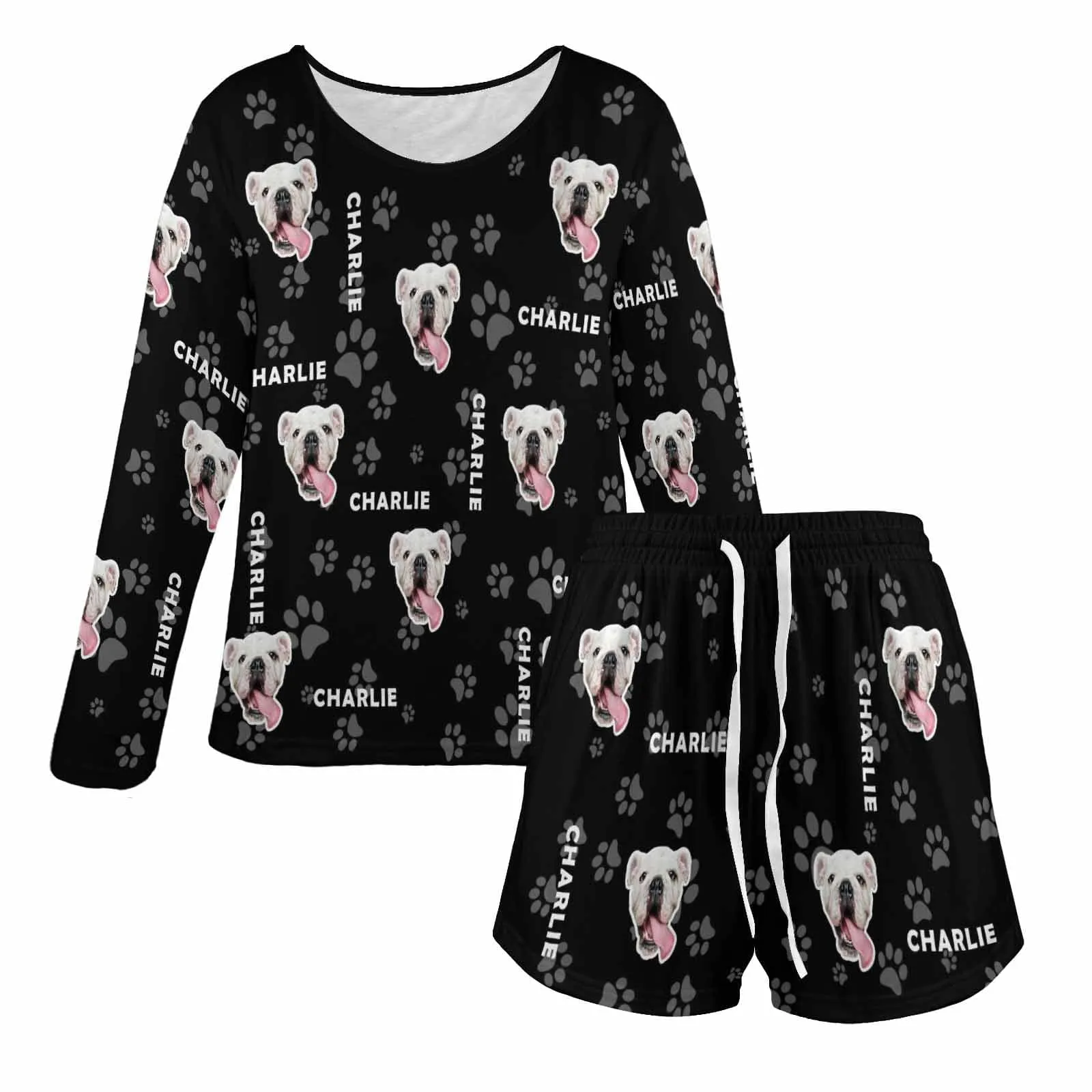 Custom Pet and Name Women's Long Sleeve One Side Off Shoulder Short Pajama Set