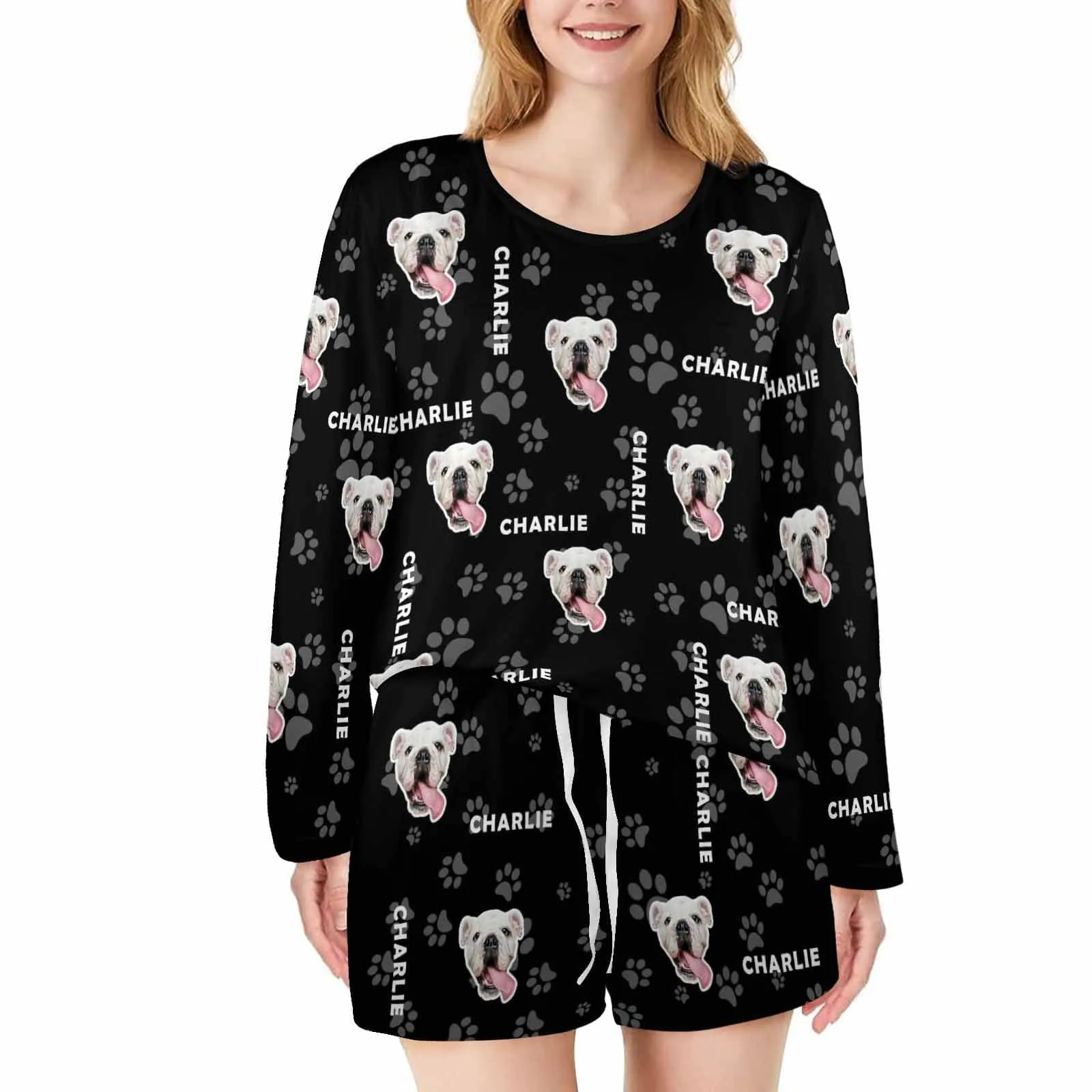 Custom Pet and Name Women's Long Sleeve One Side Off Shoulder Short Pajama Set