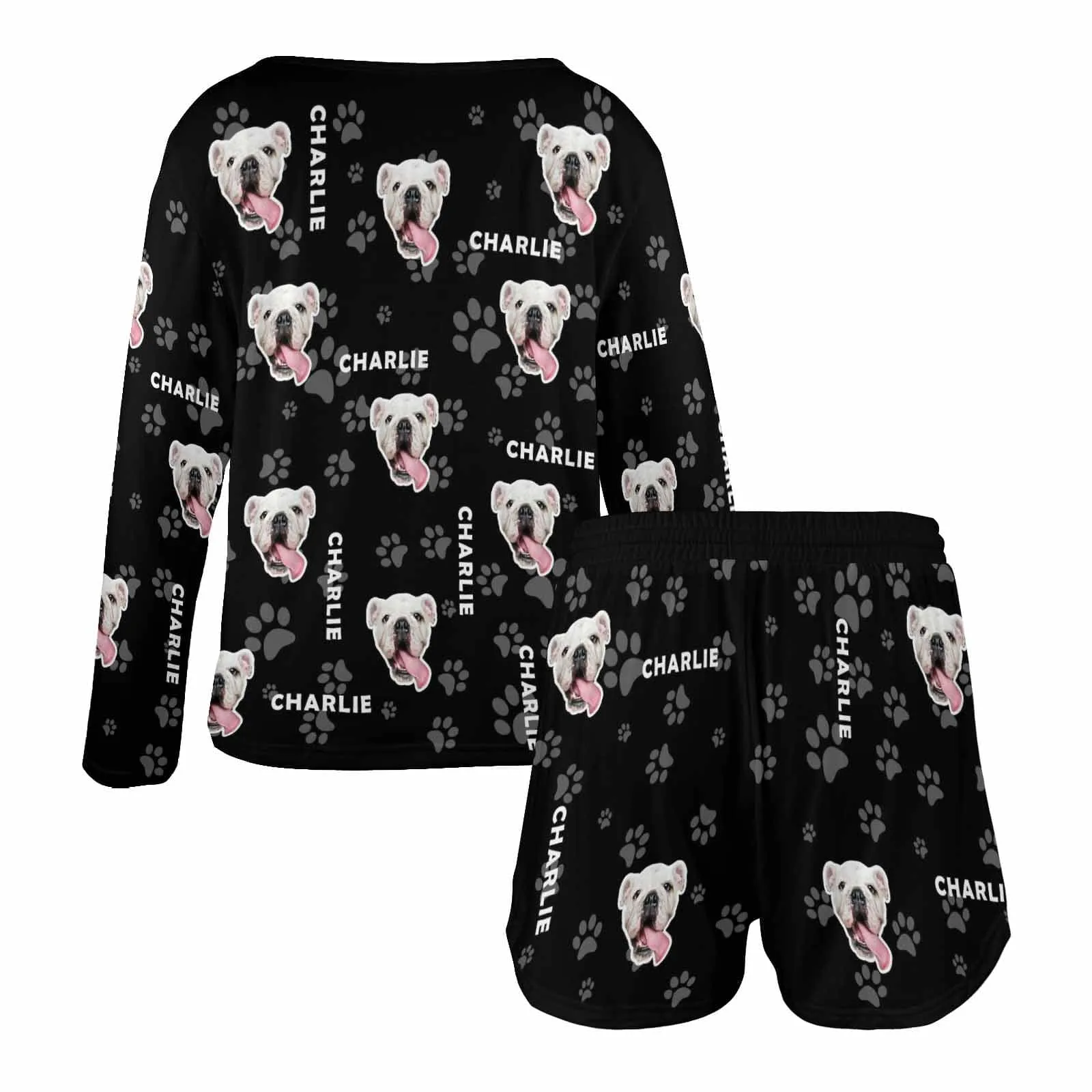 Custom Pet and Name Women's Long Sleeve One Side Off Shoulder Short Pajama Set