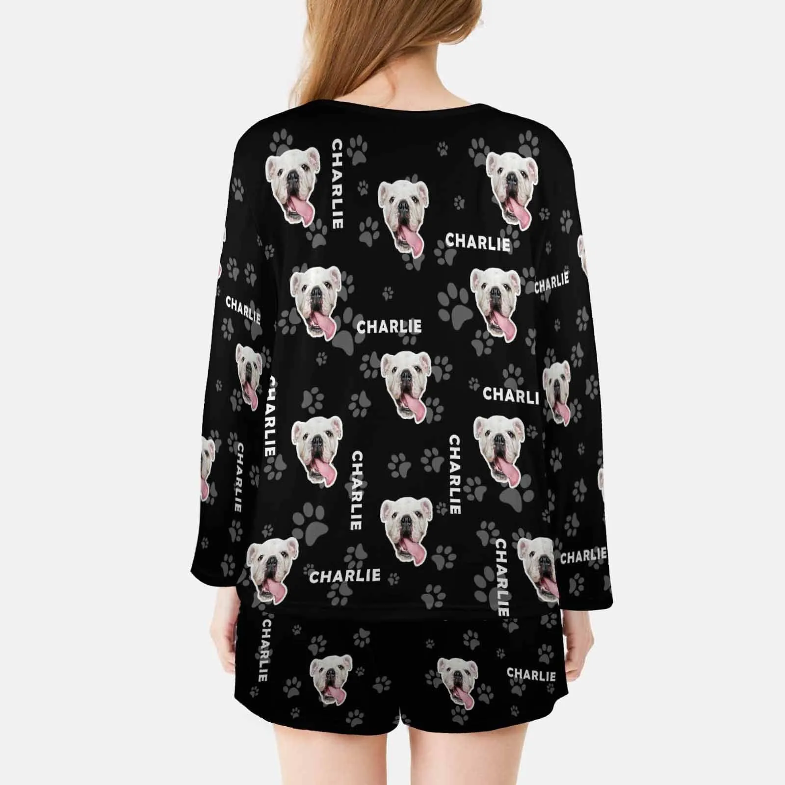 Custom Pet and Name Women's Long Sleeve One Side Off Shoulder Short Pajama Set